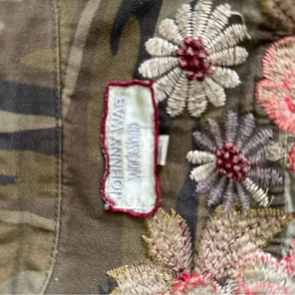 Johnny Was Olive Camouflage Jacket with Red Floral Accents - Picture 6 of 6